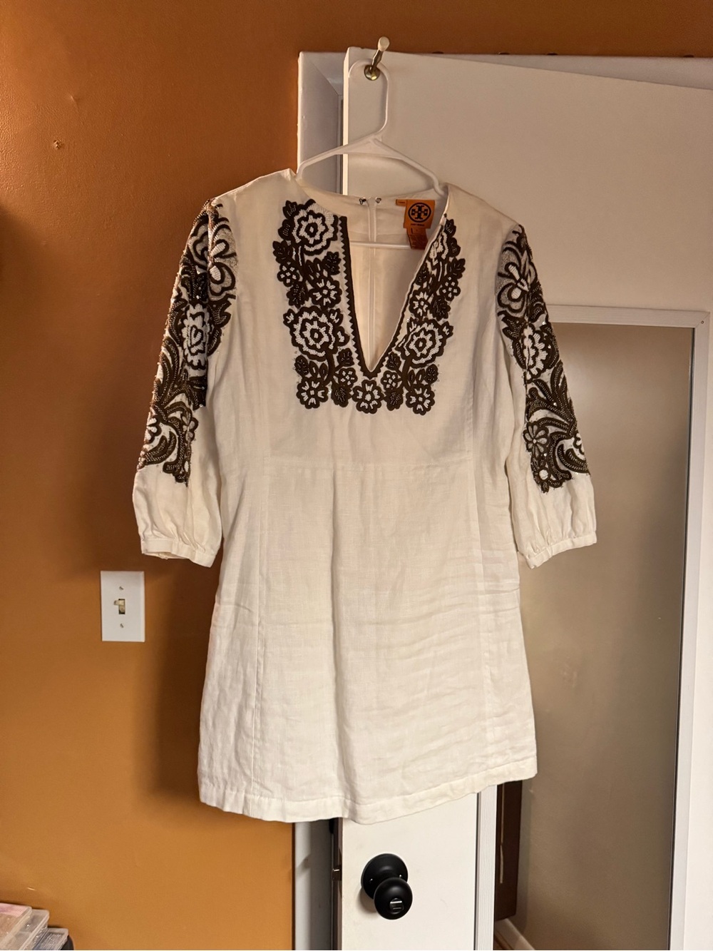 Tory Burch White Mini Dress with Brown Embroidery